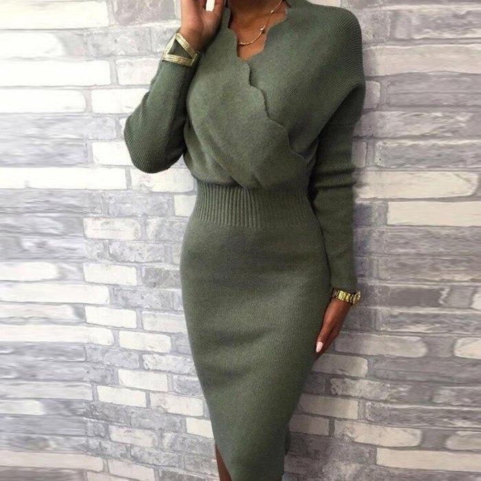 Women's V Neck Long Sleeve Solid Color Slim High Waist Sheath Bodycon Dress Women Casual Party Knitted Dresses Vestidos