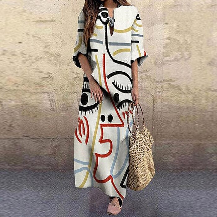 Elegant Vintage Portrait Print Dress Abstract Face Women Dresses Beach Party Spring Autumn 2020 Fashion Loose Female Chic Dress