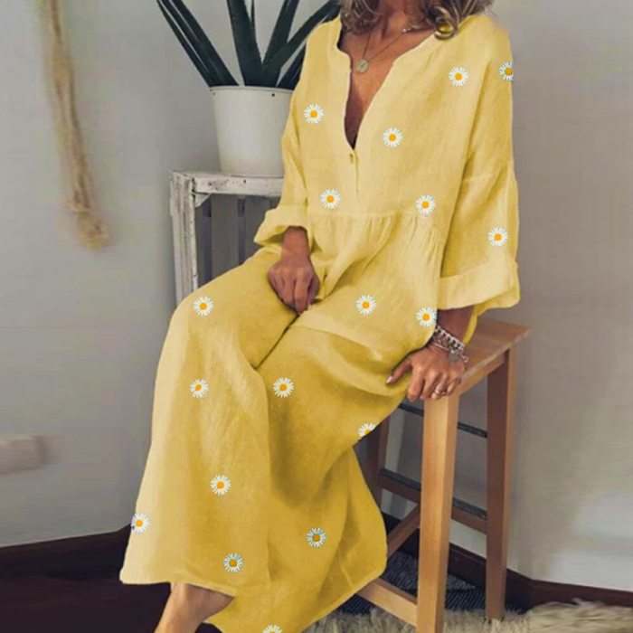 Women Dress Ladies Summer Fashion Casual Daisy Floral Print Long Sleeves Cotton V-Neck Loose Maxi Dress Plus Size