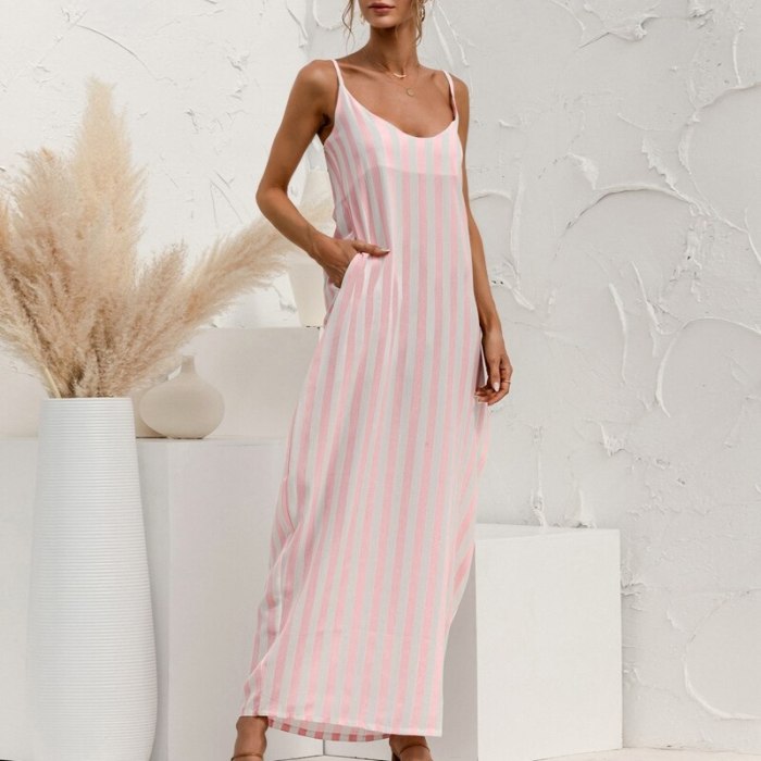 Women's Summer Sling Long Skirt Striped Printed Sleeveless Pocket Dress
