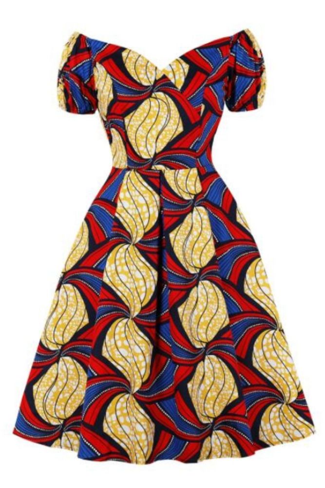 Women's Pleated Bubble Sleeves African Print Off Shoulder Vintage Dress