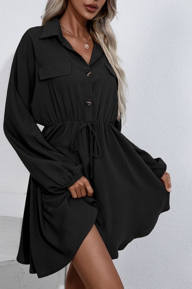 Casual Long Sleeve Solid Mini Shirt Dress Woman Spring Autumn Fashion Button Elastic Waist Dresses Black Lace Up Slim Robe Femme