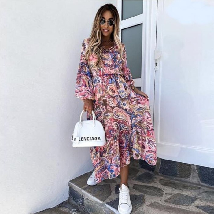 Summer Floral Print O Neck Boho Long Dress Women Autumn Lantern Long Sleeve Elegant Party Dress Sexy Loose Hem Beach Dresses 3XL