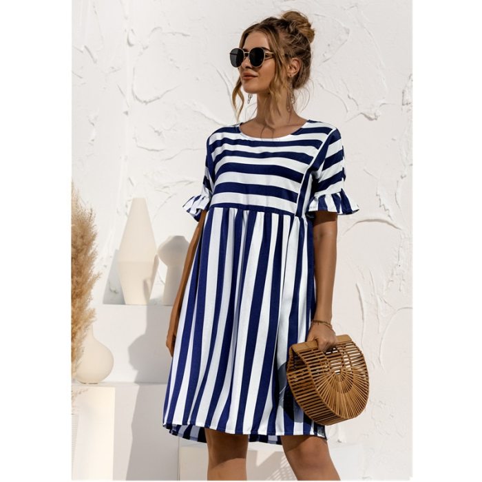 2021 Summer New Fashion O Neck Women's Dress Casual Loose Solid Short Sleeve Ruffle Patchwork Pocket Ladies Stripe Dress