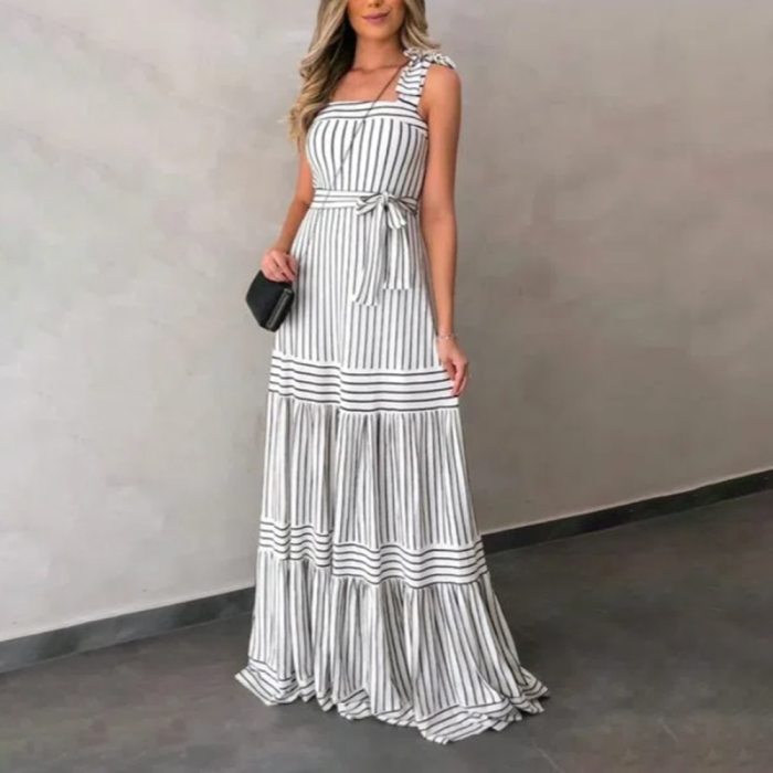 Sexy Spaghetti Backless Womens Maxi Dress Summer Striped Pleated Patchwork Lace Up Off Shoulder Bohemian Strap Dresses For Women