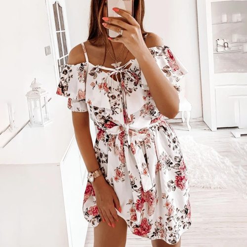 Sexy Spaghetti Strap Beach Off Shoulder Floral Mini Woman Dress 2021 Summer Casual White Ladies Dresses For Women Robe Femme