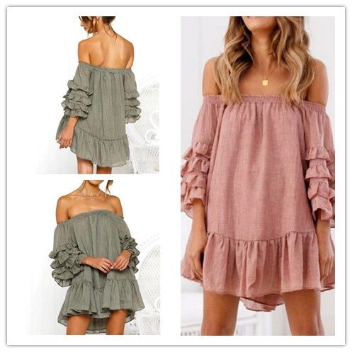 2021 Hot Sell New Summer Women Sexy Off-should Solid Color Casual Loose Beach Dress Boho Backless Sundress Ruffles Sweet Elegant