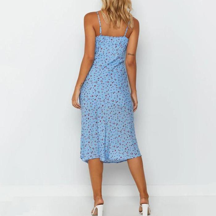 Front Tie Ruched Blue Floral Midi Dress