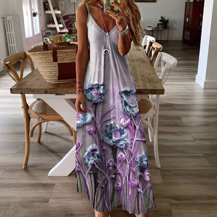 Summer 2021 Fashion Style Women Sleeveless Spaghetti Strap Plus Size Long Dress