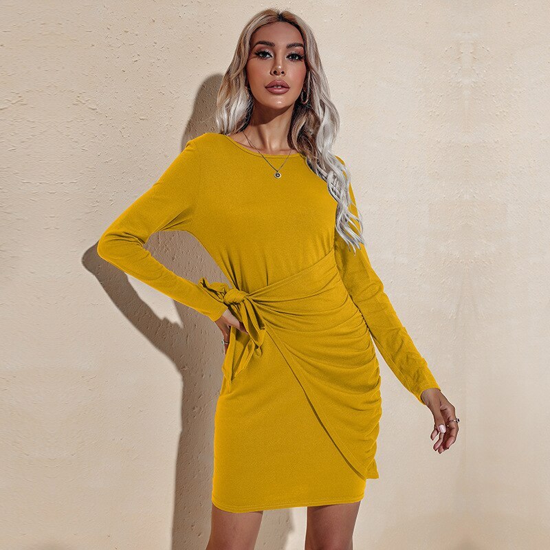 Women Crew Neck Long Sleeves Package Buttock Dress Autumn Winter Solid Color Frenulum Thin Office Dress 2021 New