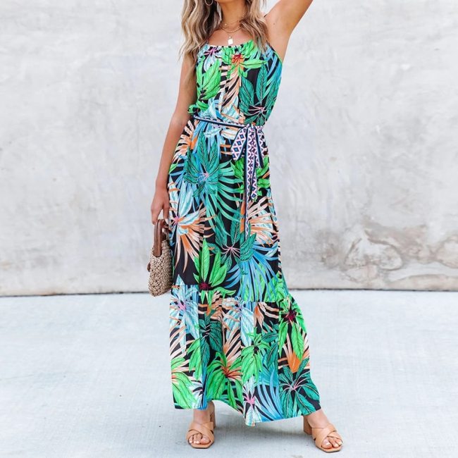 Women Long Dress Bohemian Spaghetti Strap Sleeveless Sashes Dresses Casual A Line Beach Style Female Vestidos Summer 2021 New