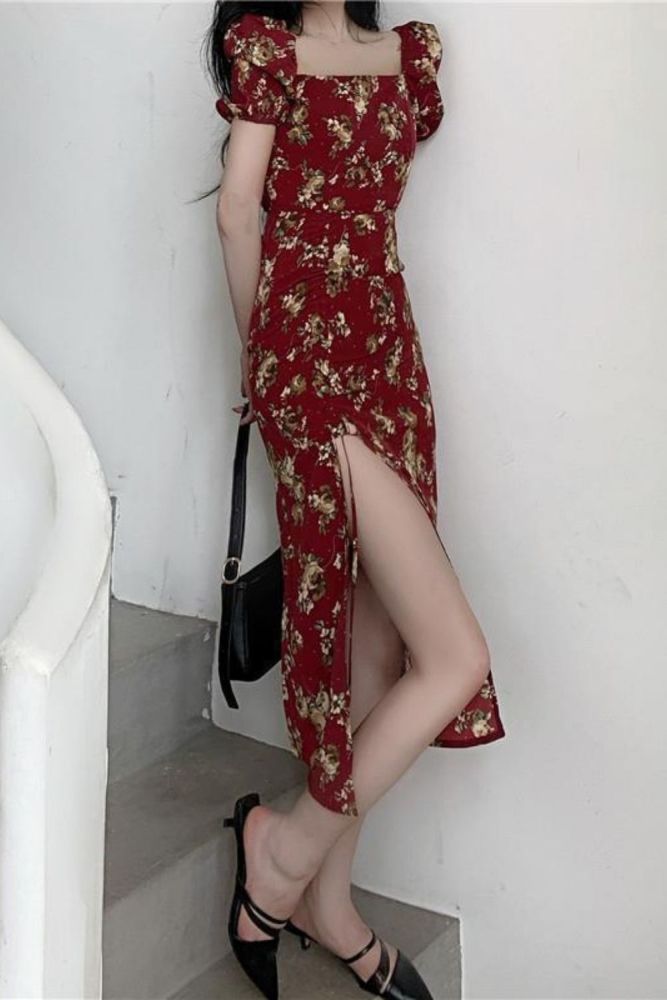 Elegant Floral Dress Women Short Sleeve Midi Vintage Dress Square Collar French Retro Sexy Party Dress 2021 Summer Korean Style