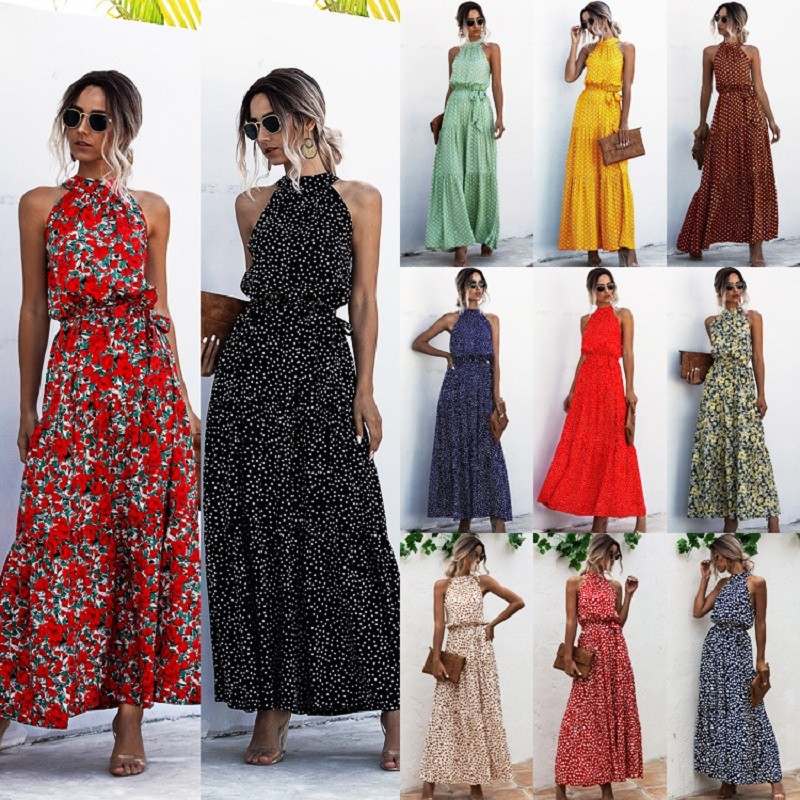 2021 Summer Long Dress Polka Dot Casual Midi Dresses Black Halter Strapless Yellow Sundress Vacation Dress Clothes For Women