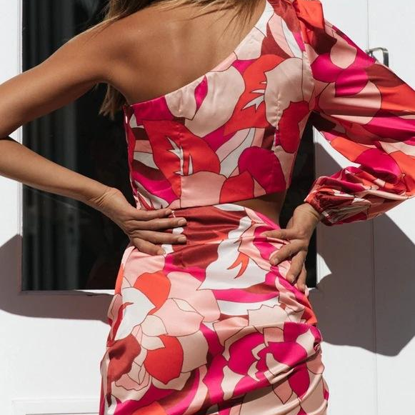 Fasahion Sexy Women's One-shoulder Long Sleeves Drawstring Bodycon Summer Mini Dress Streetwear Elegant Slim Beach Party Dresses