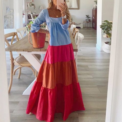 Vintage Patchwork Women Long Dress Spring Square Collar Long Sleeve Ladies Dresses Fashion Casual Loose Cotton And Linen Dresses