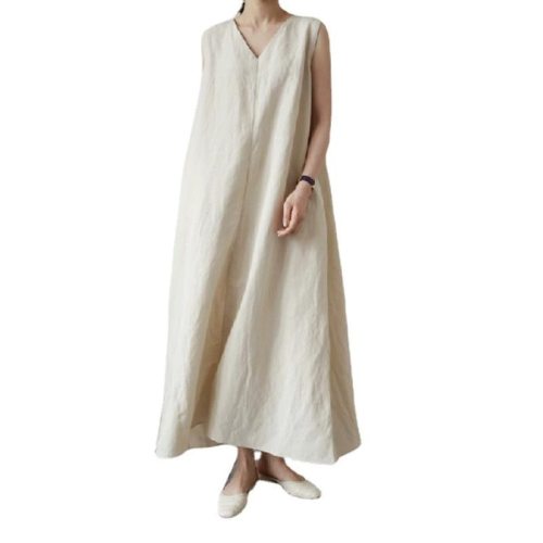 Korean Sleeveless Dress 2021 Summer Japanese And Korean Simple Casual Solid Color Mori Women's V-neck Silk Hemp Vest Dress
