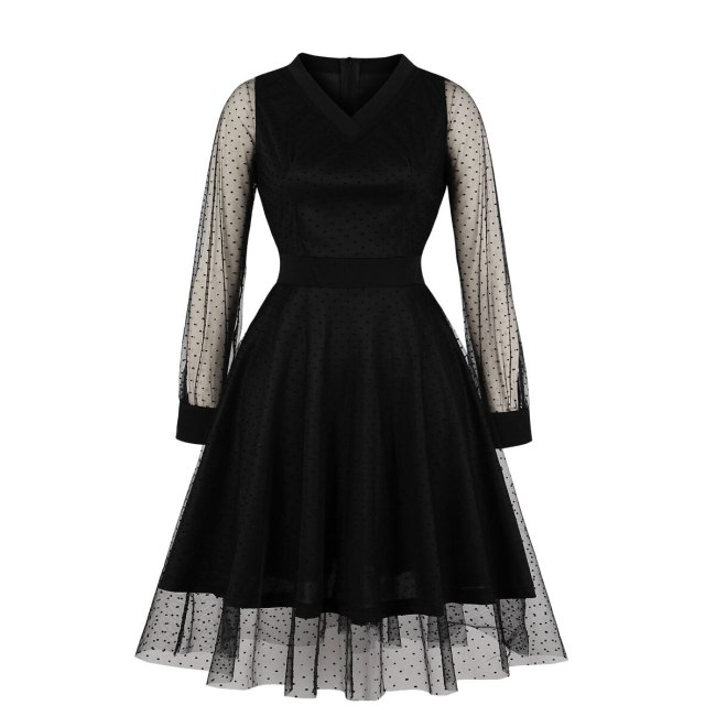 Black V Neck Long Sleeve Dotted Mesh Overlay Midi Dress Spring Autumn Women High Waist Elegant Party Robe Vintage Pleated Dress