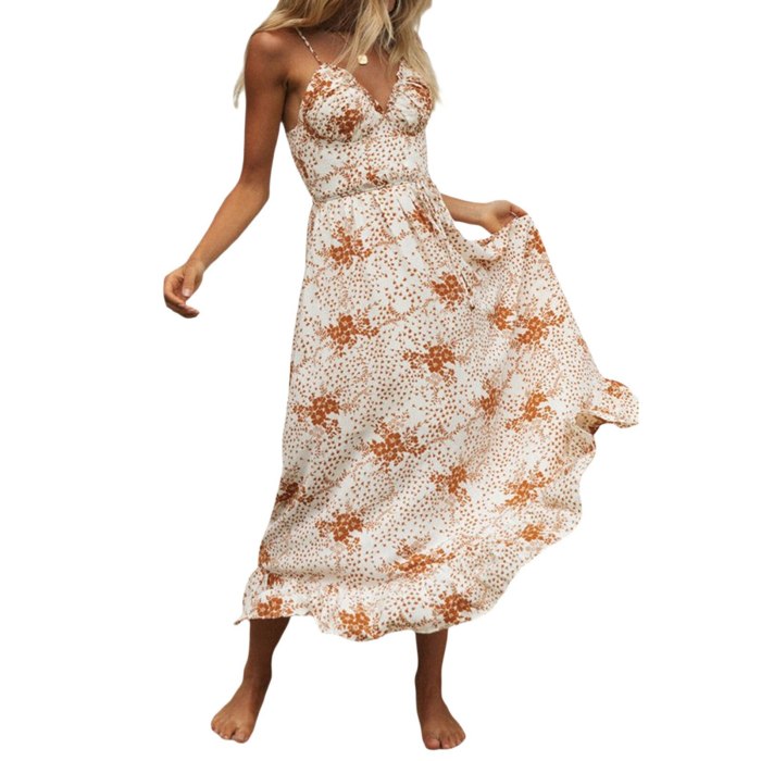 2021 New Women Summer Casual Long Dress Ladies Floral Printed Pattern V-neck Sleeveless Bohemian Beach Sexy Dresses Outfits