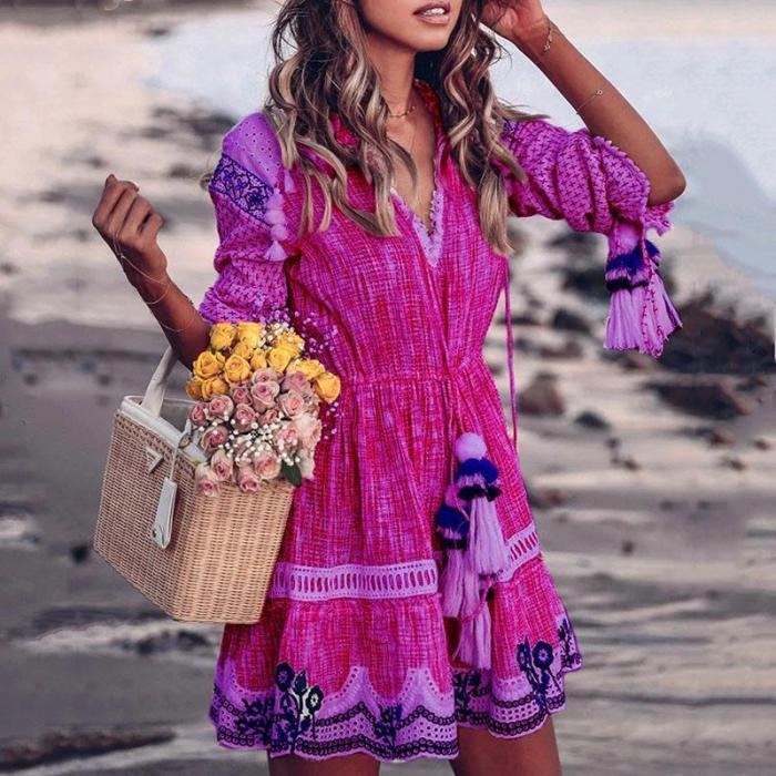 Sweet V Neck Printed Colour Tassel Lace Splicing Casual Mini Dress