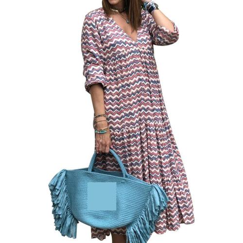 Women Dress Striped Patchwork Bohemia Dress Loose Casual Long Print Maxi Dresses V Neck Long Sleeve Plus Size Dresses New