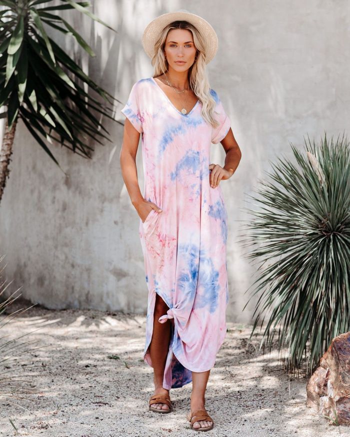 2021 New Arrival Women Print Short Sleeve Dress Loose Split Long Dresses Beach Style Summer Lady Sundress Clothing