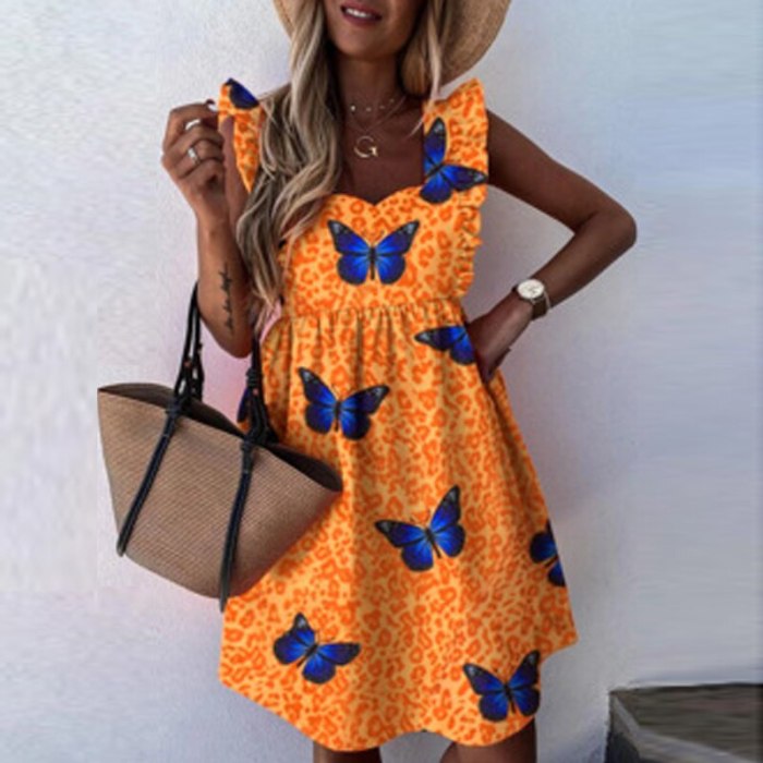 2021 Summer Polka Dot Women Dress Casual Short Butterfly Sleeve A-Line Sundress Sexy V-Neck Ruffle Beach Party Dresses Vestidos