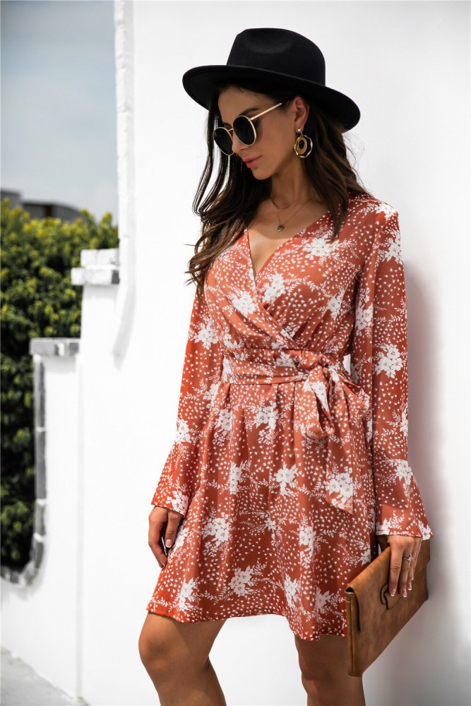 Casual Chic Women Mini Dresses 2021 Autumn New Hot Sale Full Flared Sleeve V-Neck Lace-up Printed Floral Dress Elegant Fashion