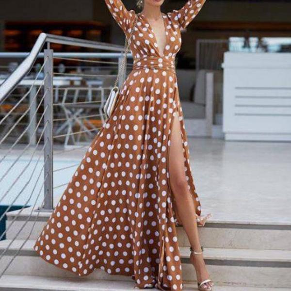 Sexy deep V-neck polka dot print maxi dress