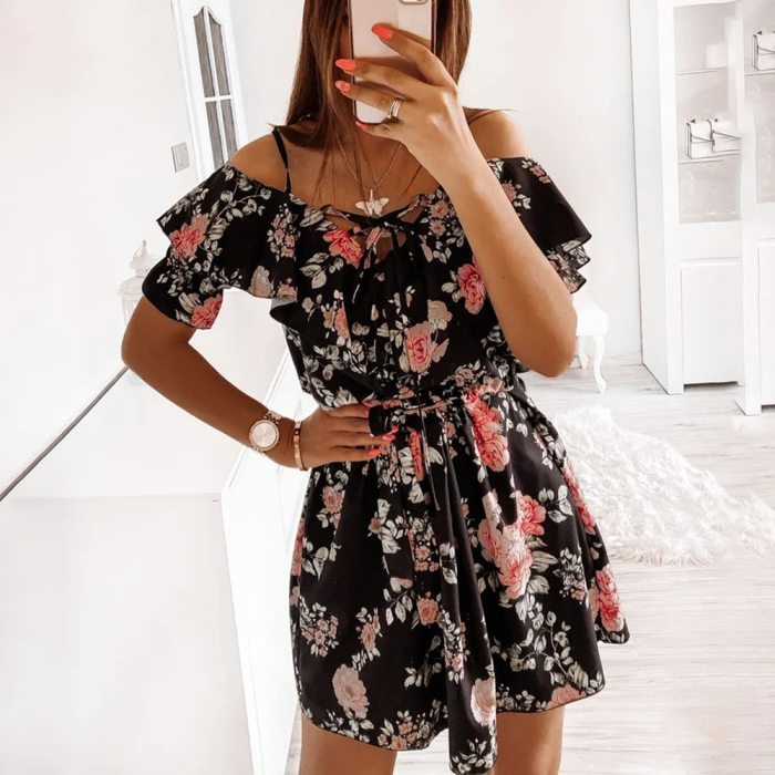 Sexy Spaghetti Strap Beach Off Shoulder Floral Mini Woman Dress 2021 Summer Casual White Ladies Dresses For Women Robe Femme