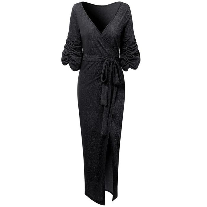 Fashion Elegant Side Slit V-neck Pleated Sleeve Maxi Dress