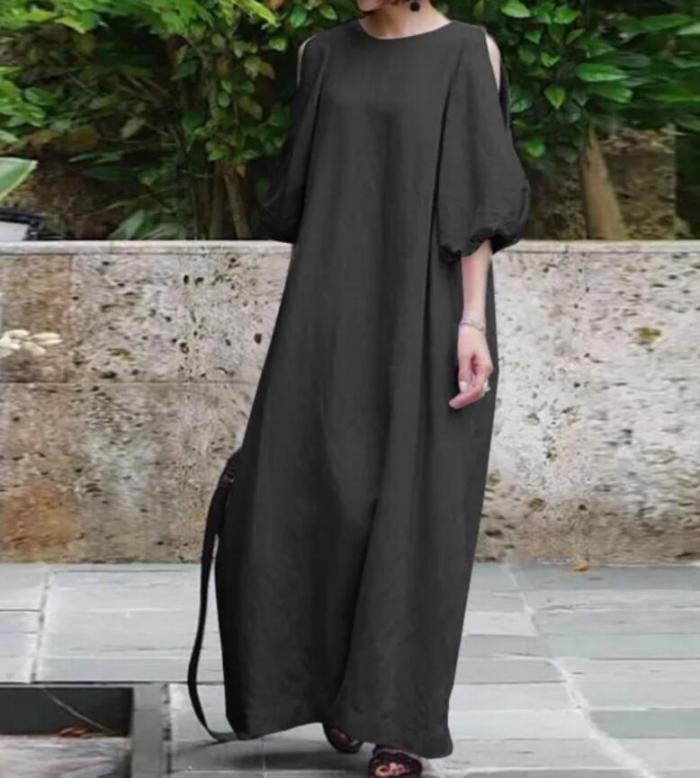 Women Summer Dress Round Neck Back V-neck Puff Sleeve Maxi Length Short Sleeve Ladies Fashion Plain Fall Cute Long Casual Dress