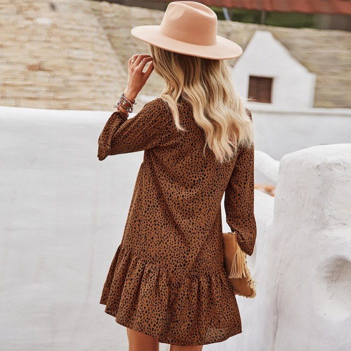 Autumn 2021 Loose Waist Leopard Dress Vintage Pullover Ruffles Ladies Frocks for Women Casual Straight Long Sleeve Dress Vestido