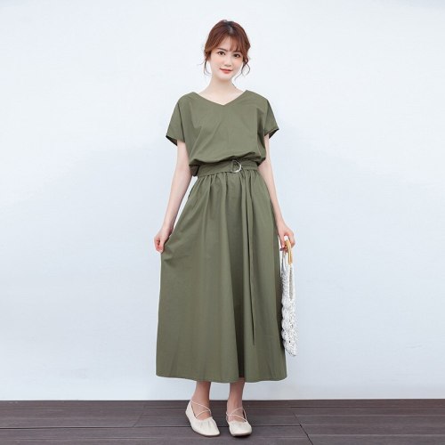 2021 Summer New Korean Arrival Sexy V-neck Simple Solid Color Elastic Waist Slimming Casual Plus Size Women Dress Free Shipping