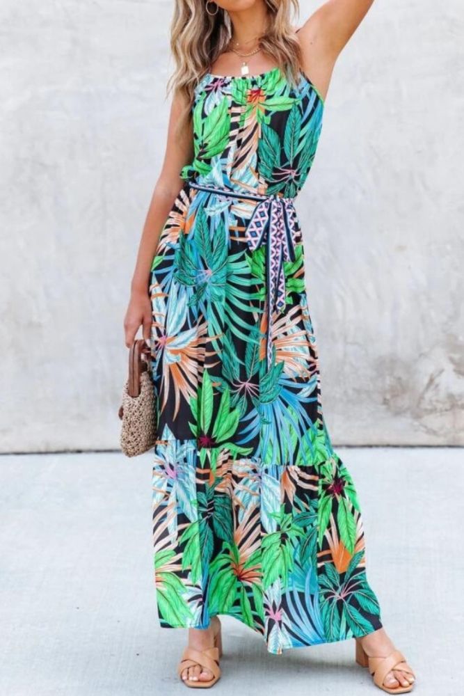Green Printed Floral Long Beach Straps Spring Summer Dress Sundress
