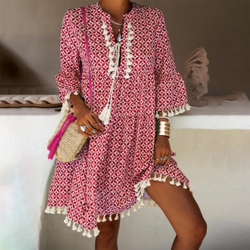 Bohemian Loose Baggy Women Dress With Tassel Three Quarter Sleeve Boho Mini Dress For Summer Beach Ladies Short Dress Robe Femme