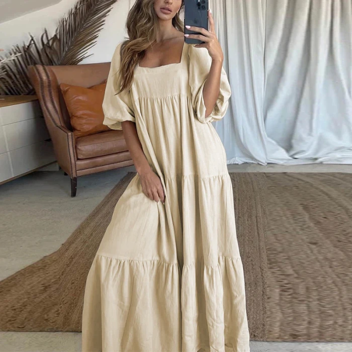 Summer Lady Short Sleeve Loose Party Dress Casual Loose Women Beach Dress Elegant Square Collar Puff Shoulder Long Dress Vestido