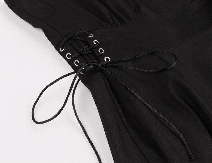 2021 Gothic Solid Animals Print Famale Dress Draw String Elastic Waist Black Color Vintage Retro Pinup Streetwear Swing Dress
