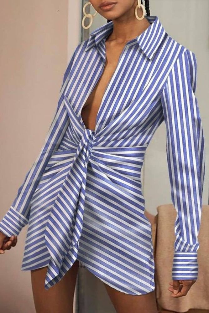 Fashion Striped V Neck Mini Shirt Dress Women Long Sleeve Front Self-tie A Line Bandage Dress Office Female Vestidos Autumn 2021