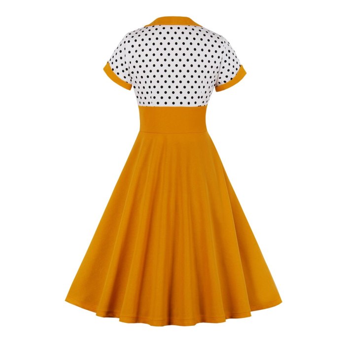 Plus Size Casual 50s Vintage Women Dress 4XL Ladies Yellow Black Polka Dot Print Robe Rockabilly Swing Party Vestidos