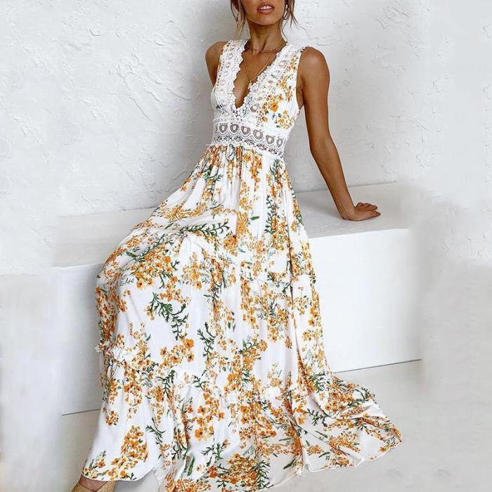 V-neck sleeveless lace stitching floral print dress
