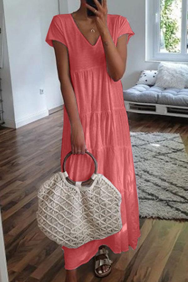 Vacation Style Pure Color Short Sleeve Maxi Dress