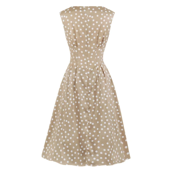 2021 Khaki Color High Waist Elegant Polka Dot Women Vintage Long Dress Sleeveless Pocket Side Ladies Midi Dresses Retro Sundress