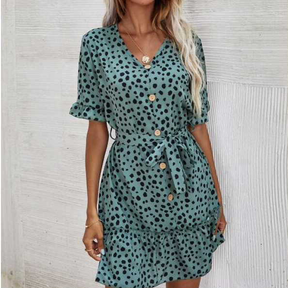 Women Boho Floral Ruffle Short Dress Summer Knot V-Neck Leopard Print Party Holiday Dress Femme Vestido