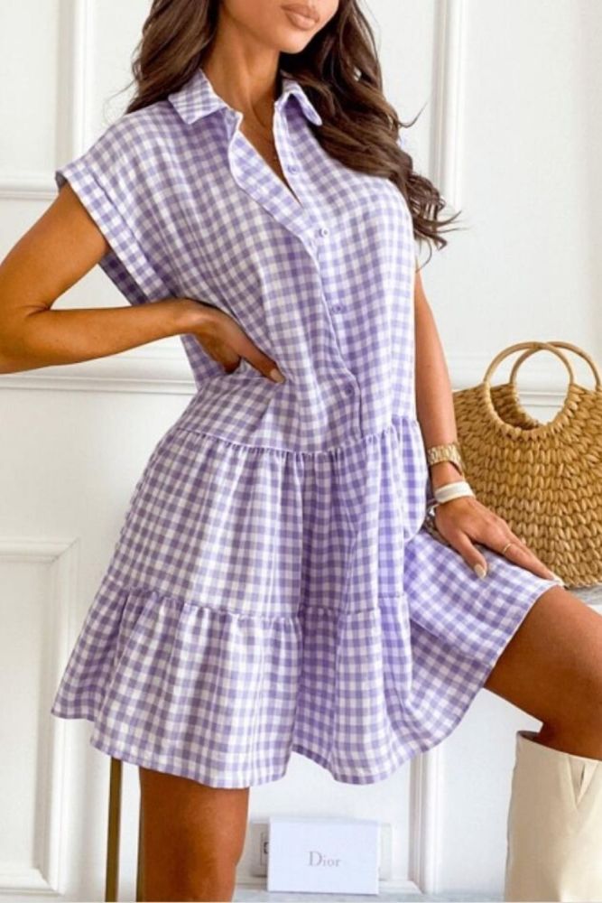 2021 New Women Casual Ruffles Short Office Dress Summer Checked Blouse Stitch Chic Cascadin Button Daily Fashion Vintage Vestido
