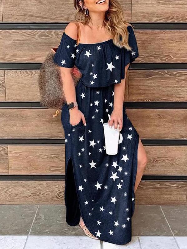 Stylish Star Print Short Sleeve Split Maxi Dress