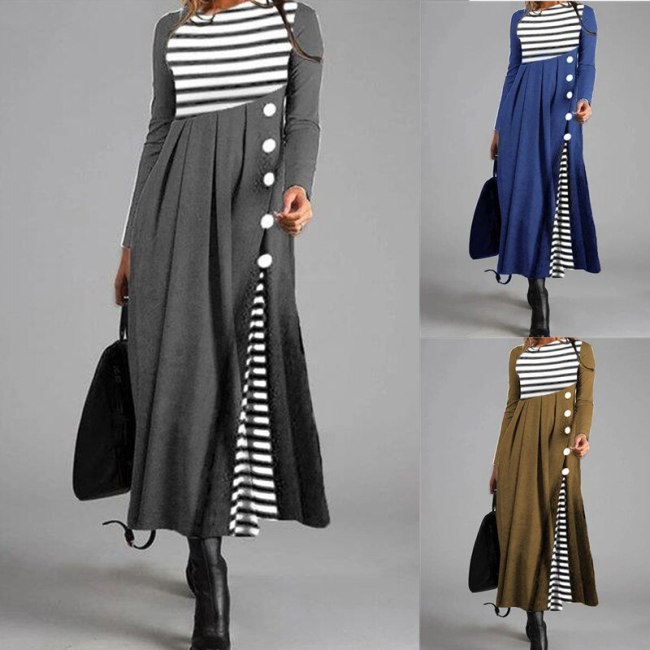 Spring New Women'S Hot Style Fashion Round Neck Striped Color Matching Loose Large Size Ladies Large Put On Mid Length Dress