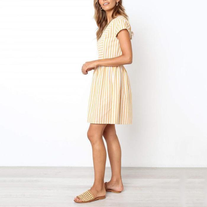 V-Neck Short-Sleeved Fashion Stitching Striped Dress