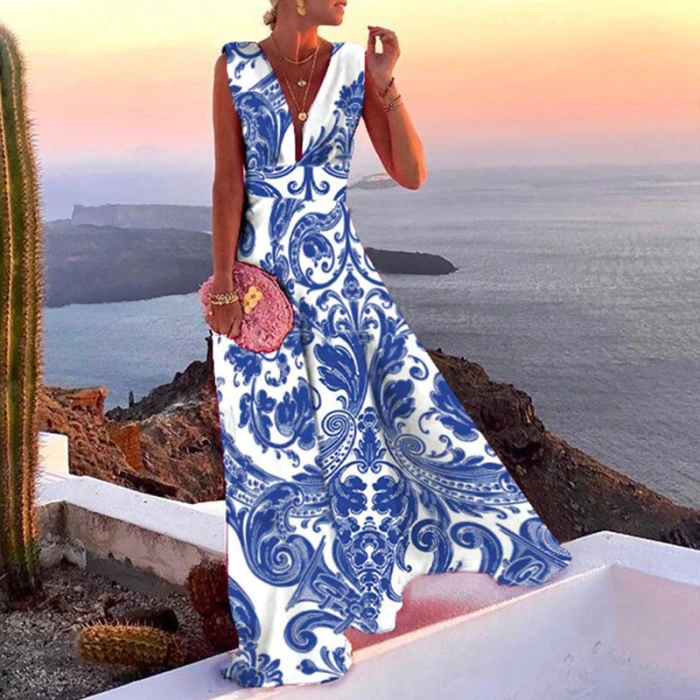 Summer Lady Sexy Hollow Out Sleeveless Beach Dress Women V-Neck Neck-Mounted Boho Dress Fashion Retro Pattern Slim Long Dresses