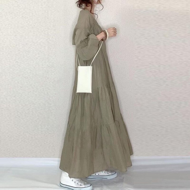 2021 Spring New Korean Style Long-sleeved Patchwork Casual Big Swing Round-neck Flare Waist Dress For Women 2A301206