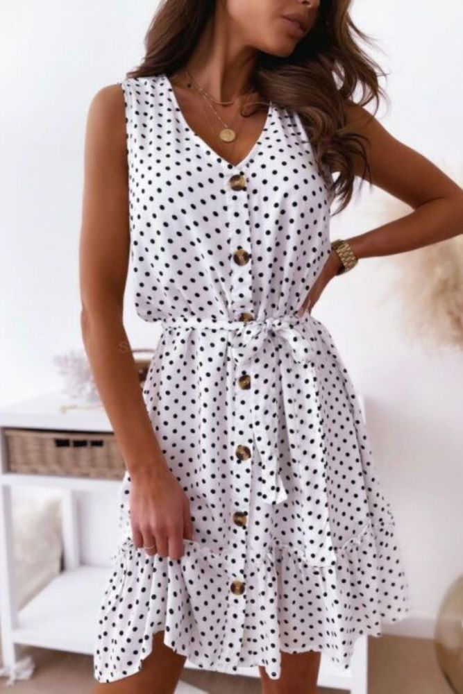 Women's Summer Dress Fashion Print V Neck Casual Loose Lace up Single Breasted Polka Dot Ruffled Sleeveless Beach Vacation Dress